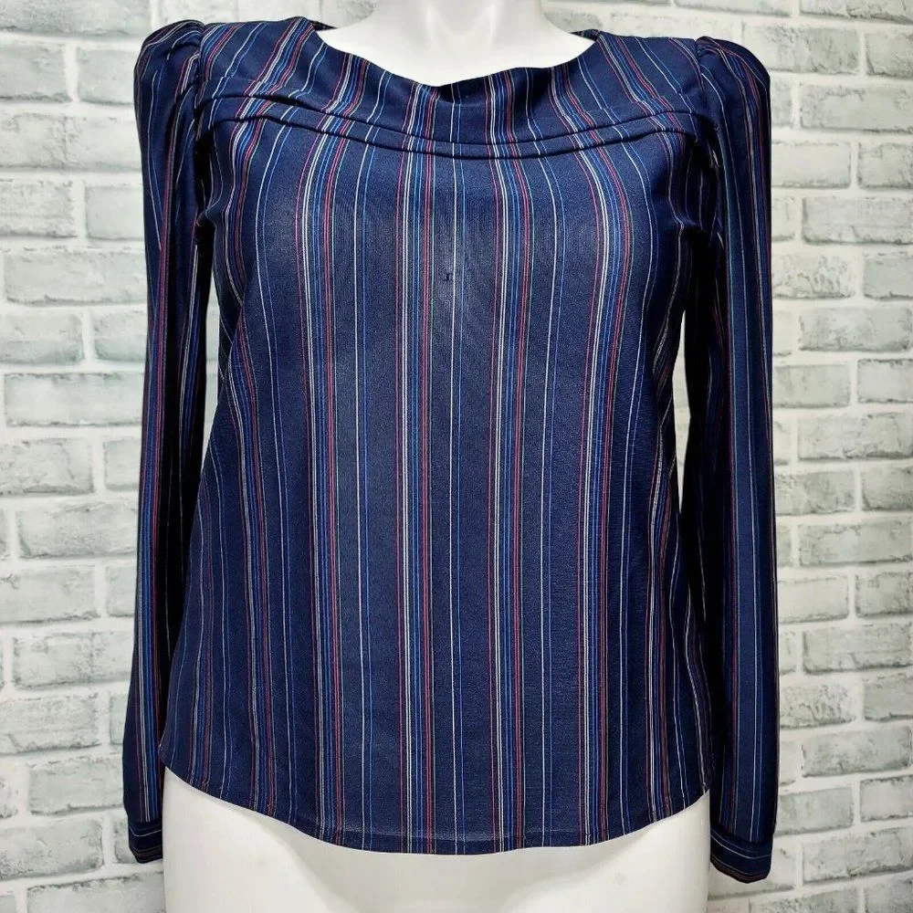 Vintage 70 Sally Petite Womens L Navy Sheer Striped Bateau Neck Blouse Secretary
